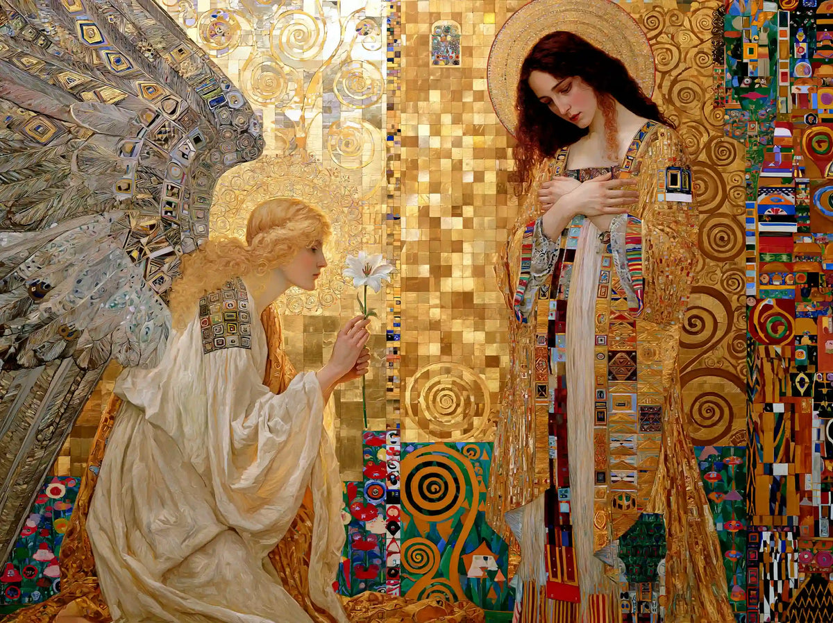 Mary and Gabriel facing one another within circular blue and gold mosaic and sweeping wings in a Vienna Secession landscape