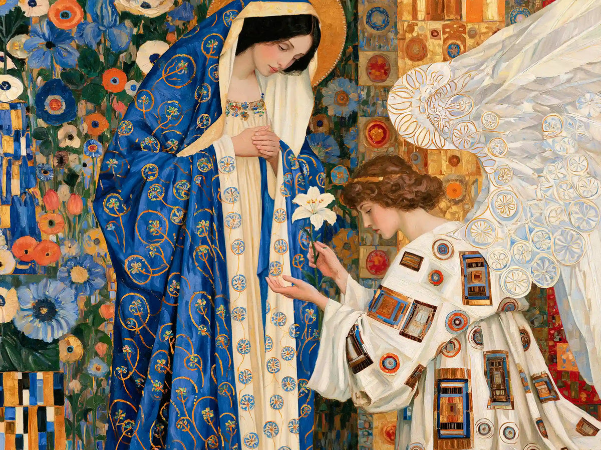 Mary in a cobalt mantle and Gabriel kneeling among lilies and gold mosaic flowers in a Vienna Secession landscape