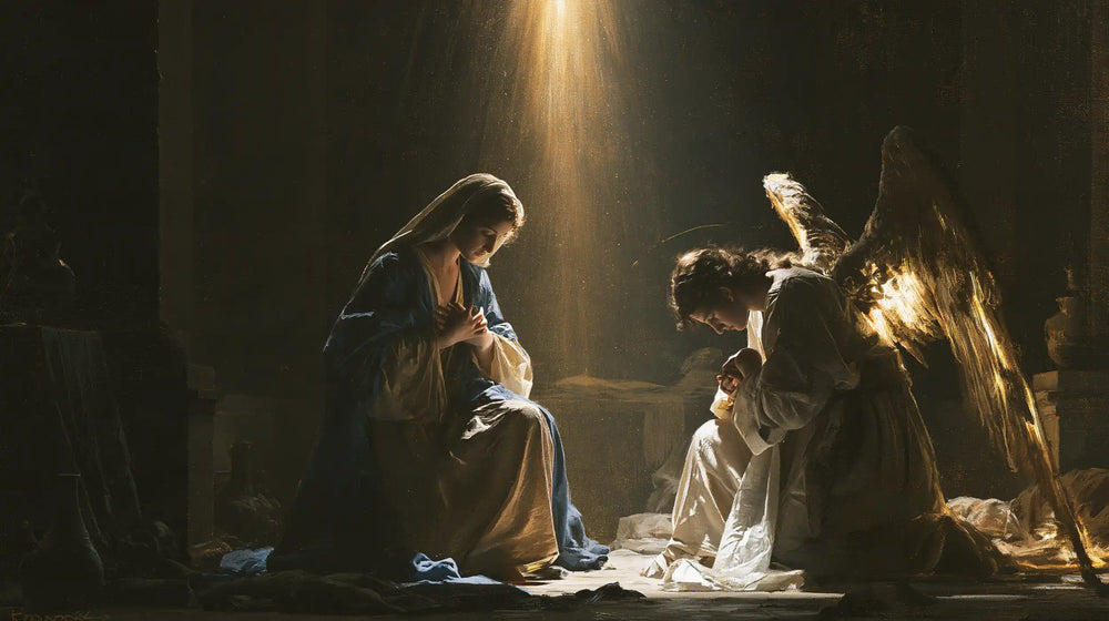 divine light descending upon Mary at the Annunciation in Divine Light Descending upon Mary style, landscape Christian artwork no. 19