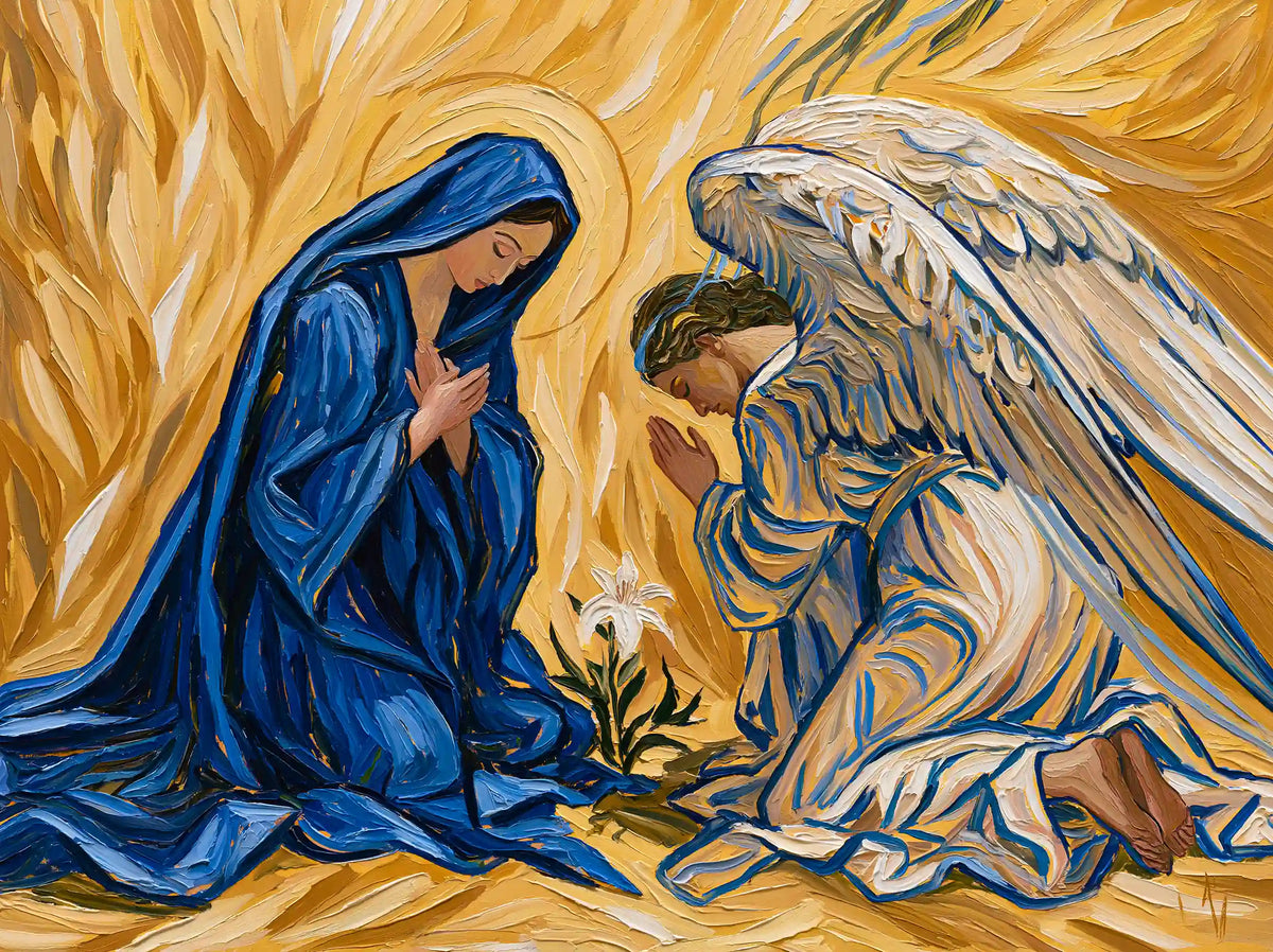 Gabriel bowing before Mary in a golden Van Gogh-inspired Post-Impressionist Annunciation interior