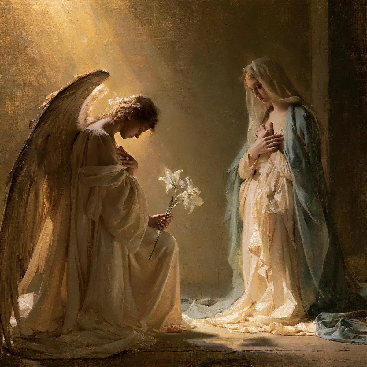 Mary kneeling before Gabriel at the Annunciation in Mary Kneeling before Gabriel style, square Christian artwork no. 1