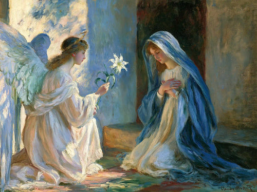 Mary and Gabriel among lilies and soft wildflowers in an Impressionist Annunciation meadow landscape