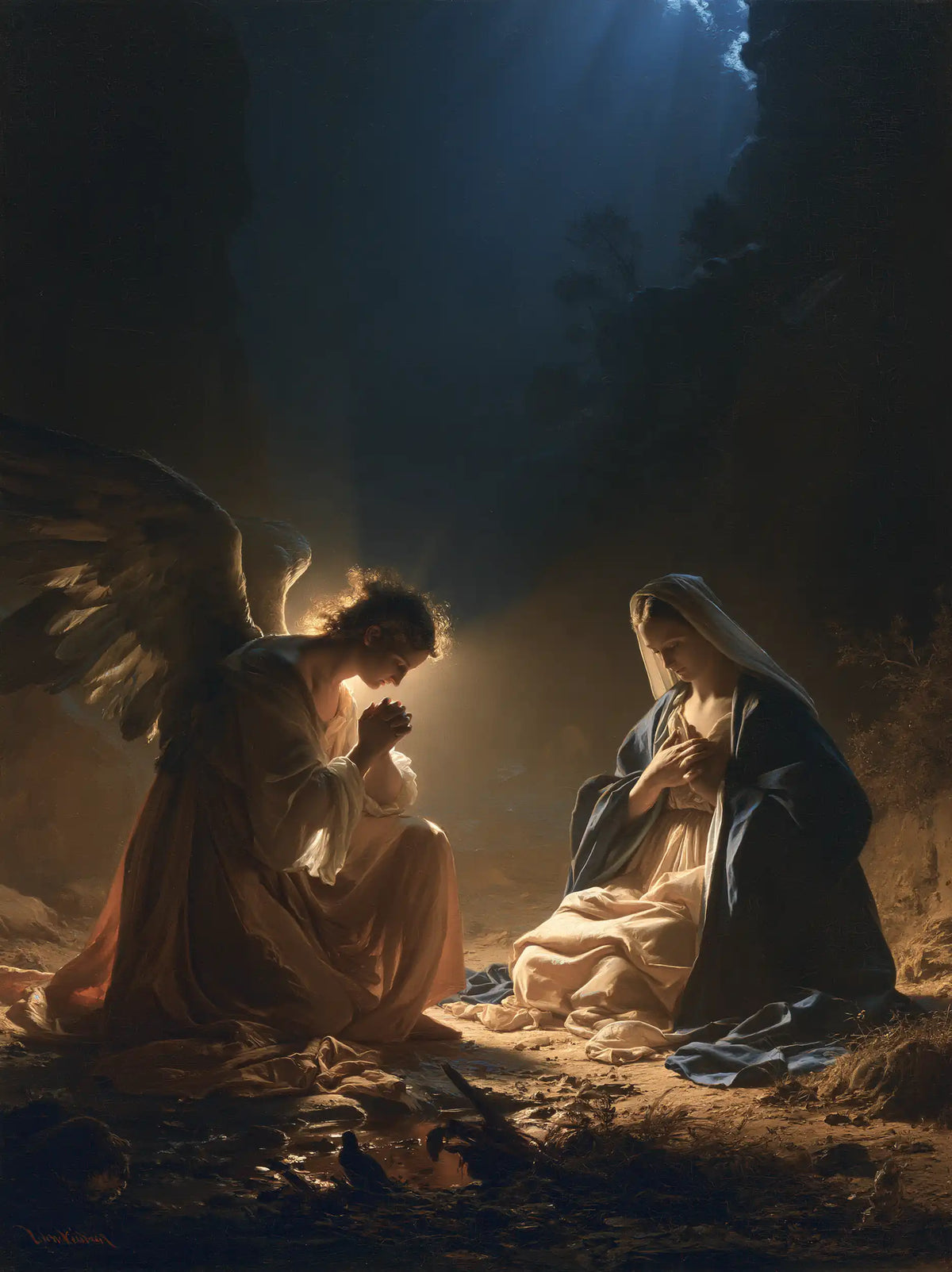 the Annunciation in midnight-blue chiaroscuro in Midnight Blue Chiaroscuro style, portrait Christian artwork no. 22