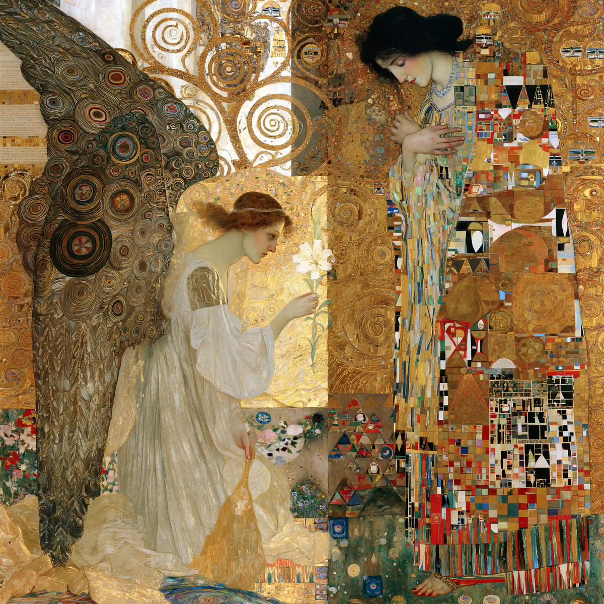 Pale-winged Gabriel bowing before Mary beneath olive and gold circular ornament in a Vienna Secession Annunciation square