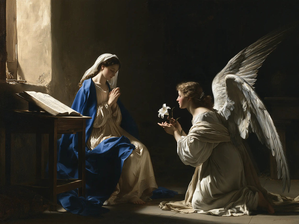 Annunciation beside the Prayer Desk – Caravaggio-Inspired Tenebrist Art · Landscape