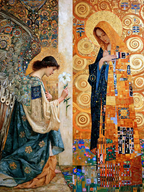 Radiant halo behind Mary as Gabriel bows beneath dark wings in a golden Vienna Secession Annunciation portrait