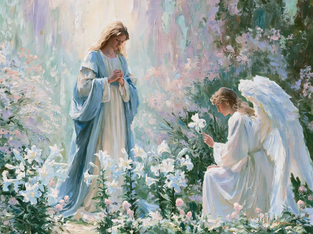 Kneeling Gabriel and Mary with a white lily in a rose and lavender Impressionist Annunciation garden