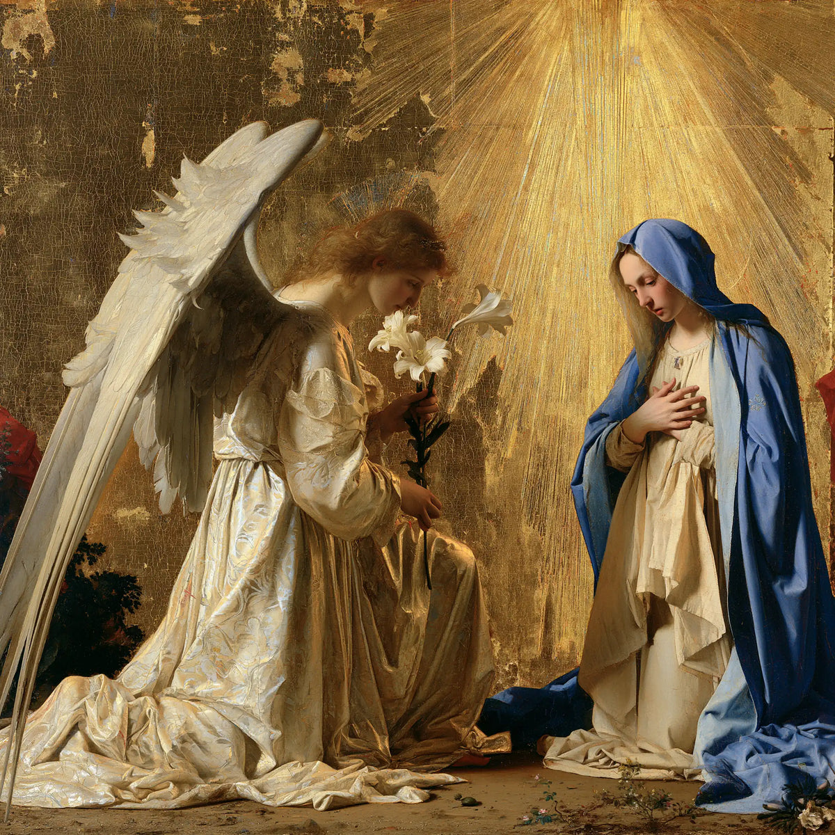 the Annunciation in sacred golden light in Sacred Gold style, square Christian artwork no. 4