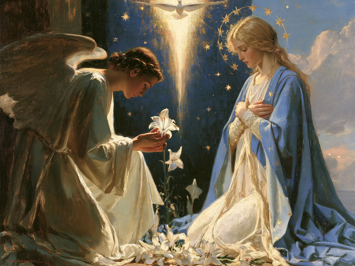 the Annunciation in a symbolist composition in Symbolist style, landscape Christian artwork no. 5