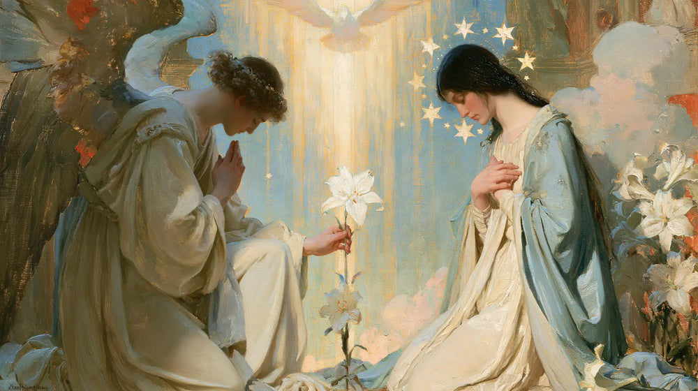 the Annunciation in a symbolist composition in Symbolist style, landscape Christian artwork no. 13