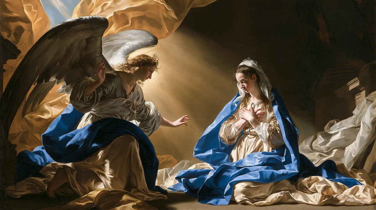 the Annunciation in a theatrical Baroque scene in Theatrical Baroque style, landscape Christian artwork no. 9