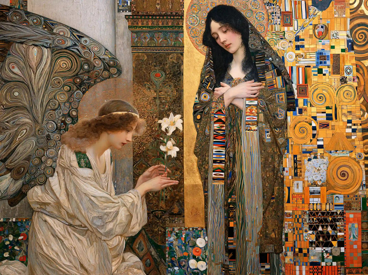 Gabriel bowing with white lilies before Mary amid peacock-patterned wings and gold mosaic in a Vienna Secession landscape