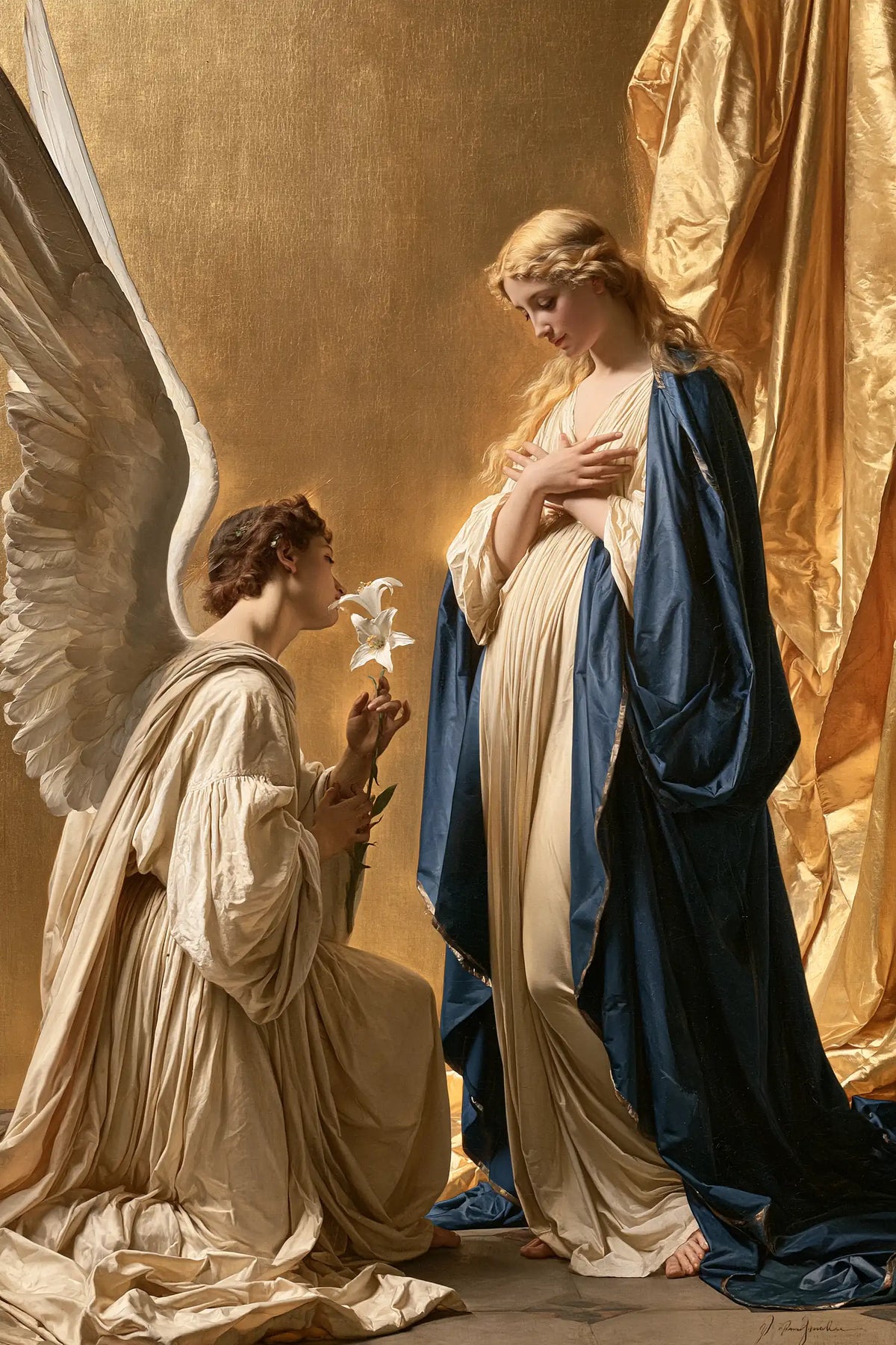 Archangel Gabriel offering a white lily to the Virgin Mary in a luminous classical academic Annunciation portrait