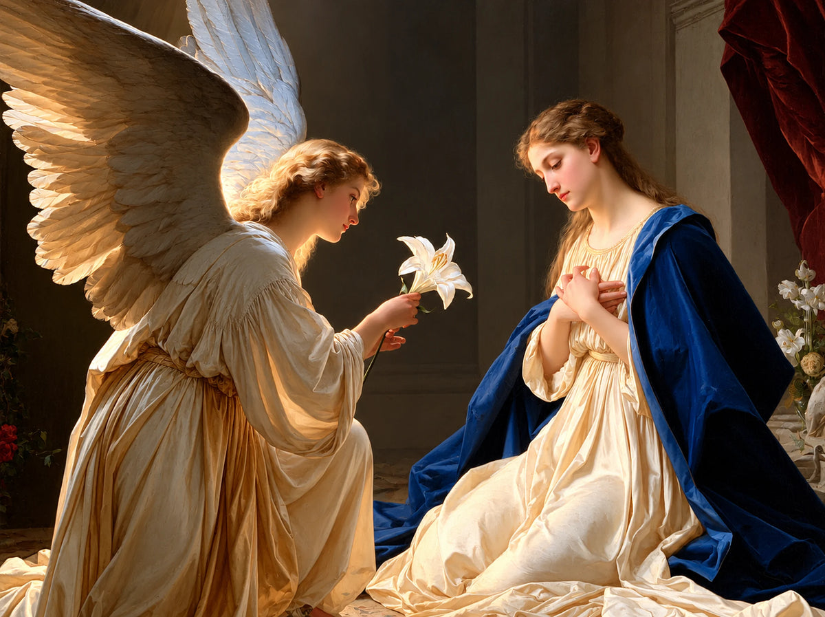 Gabriel presenting lilies to Mary under warm holy light in a theatrical Baroque Annunciation landscape