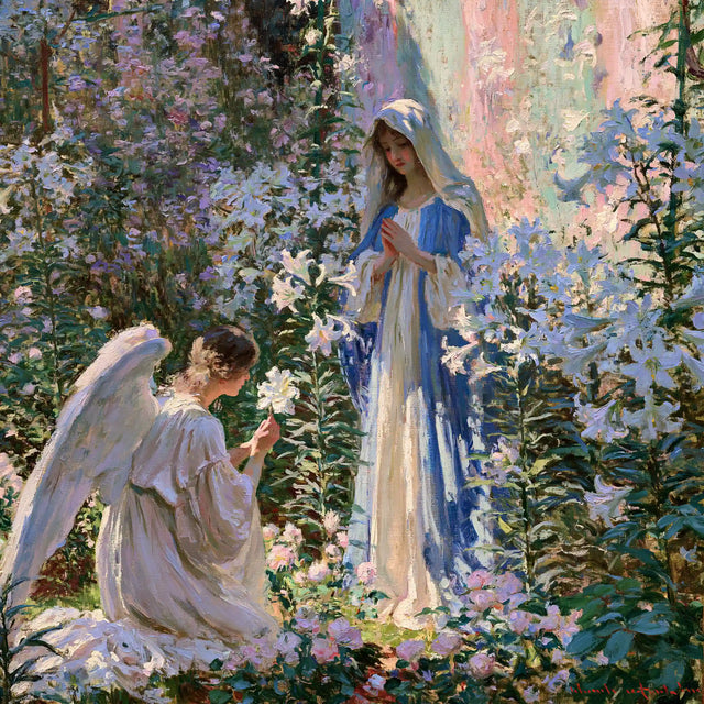 Blue Mantle amid Sunlit Flowers – Impressionist Annunciation · Square