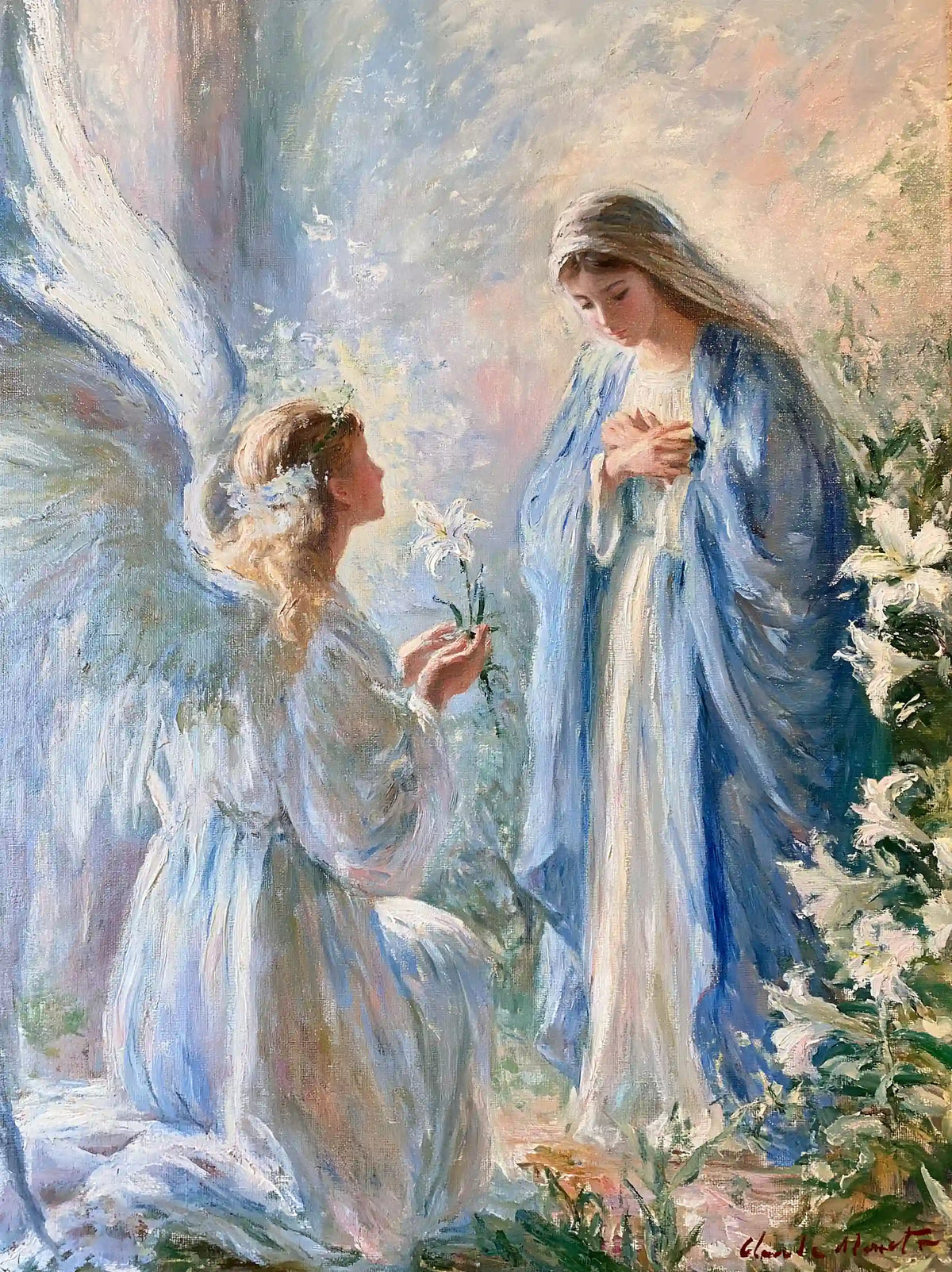 Close portrait of Gabriel raising a white lily toward Mary in an Impressionist Annunciation