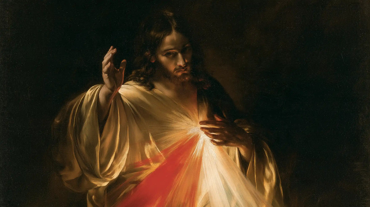 Divine Mercy Jesus — The Rays Beneath the Bowed Gaze
