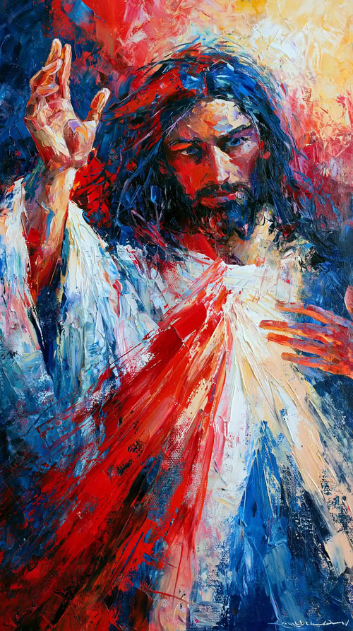 Jesus as Divine Mercy with red and pale rays, expressionist portrait Christian artwork