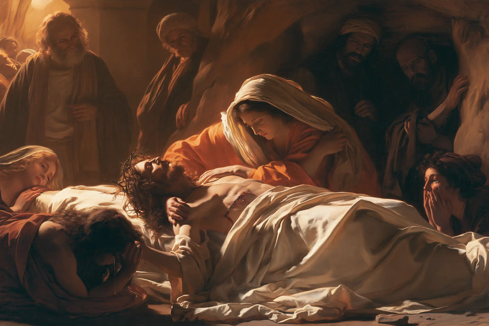 Entombment of Jesus Christ in Intimate Mourning style, landscape Christian artwork no. 2