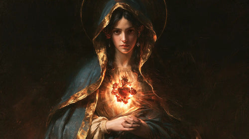 the Immaculate Heart of Mary in black and gold in Black and Gold style, landscape Christian artwork no. 19