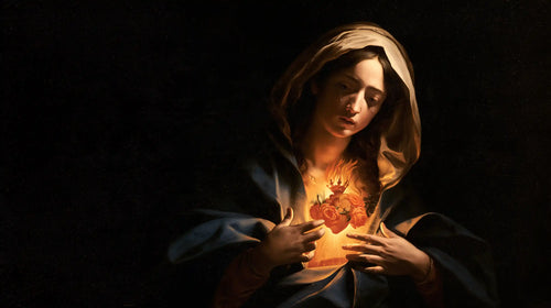 the Immaculate Heart of Mary in dramatic chiaroscuro in Caravaggio Tenebrism style, landscape Christian artwork no. 18