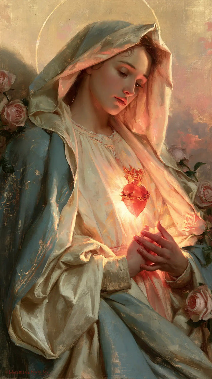The Immaculate Heart of Mary — Prayer in the Coral Glow