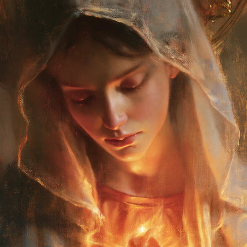 a close portrait of Mary with her Immaculate Heart in Psychological Close-Up style, square Christian artwork no. 9