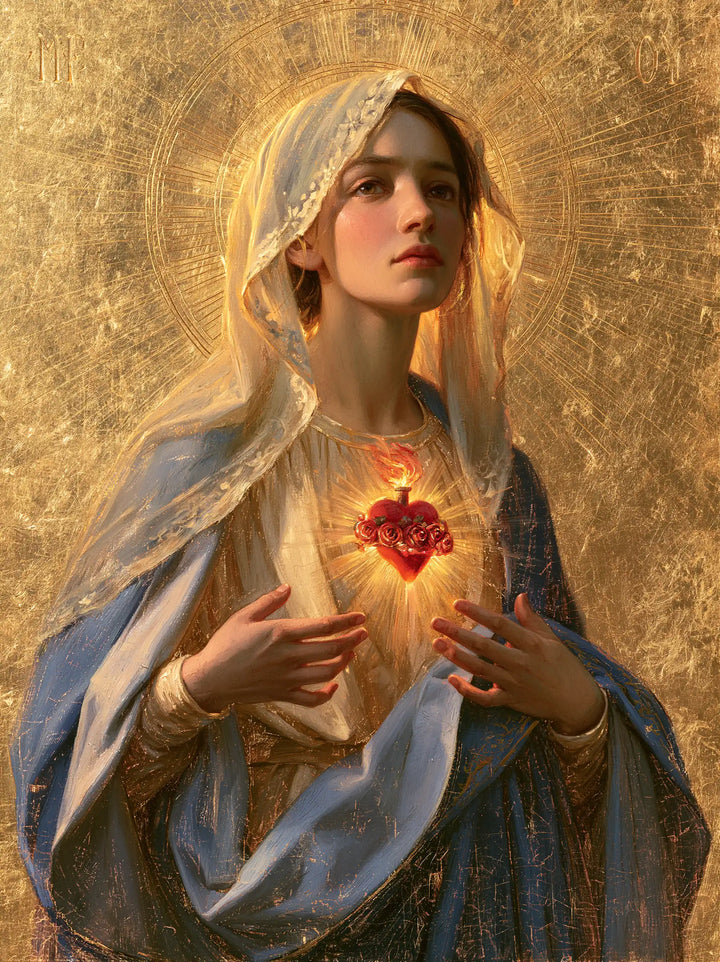 The Immaculate Heart of Mary — The Upturned Gaze Beneath the Gold-Embroidered Veil