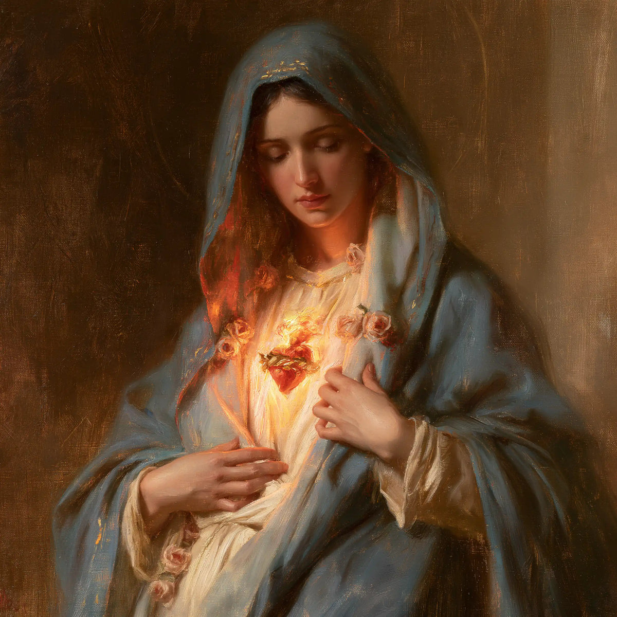 Mary with her Immaculate Heart in sacred maternal tenderness in Sacred Maternal Tenderness style, square Christian artwork no. 1