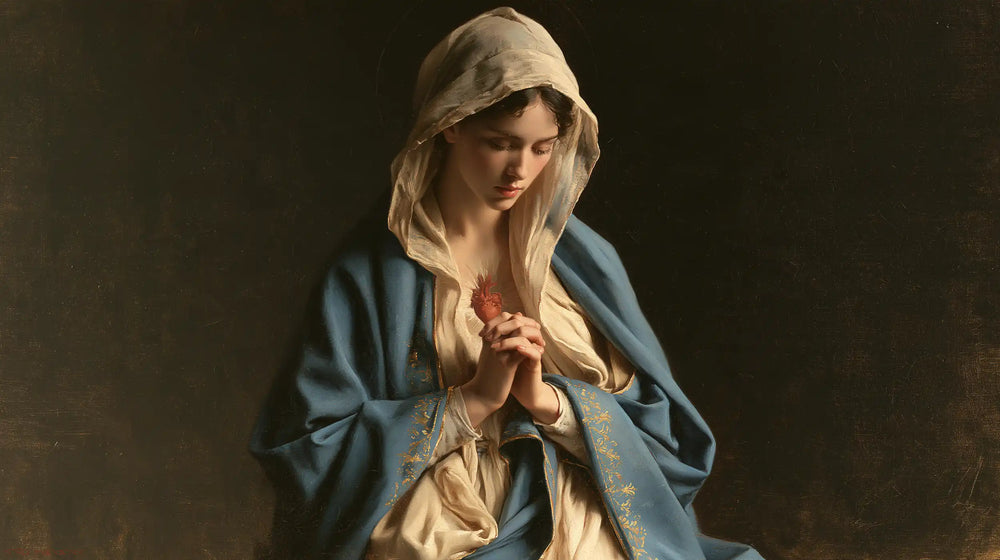 the Immaculate Heart of Mary in devotional silence in The Silence of Devotion style, landscape Christian artwork no. 13