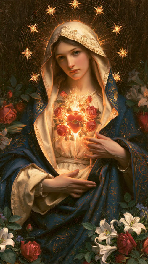 the Immaculate Heart of Mary in a symbolist composition in Symbolist style, portrait Christian artwork no. 11