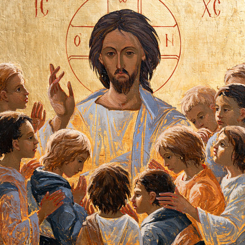 Jesus and the children in a contemporary Byzantine icon in Contemporary Byzantine style, square Christian artwork no. 7