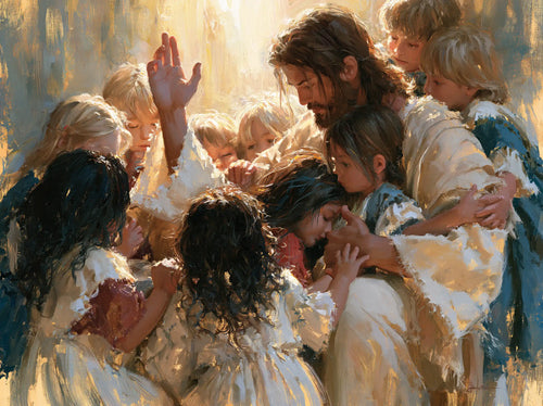 Jesus surrounded by children in an expressionist composition in Expressionist style, landscape Christian artwork no. 1