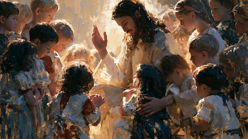 Jesus surrounded by children in an expressionist composition in Expressionist style, landscape Christian artwork no. 9