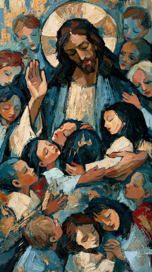 Jesus surrounded by children in an expressionist composition in Expressionist style, portrait Christian artwork no. 4