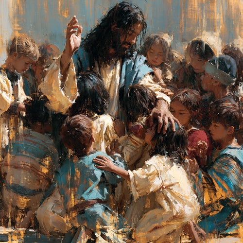 Jesus surrounded by children in an expressionist composition in Expressionist style, square Christian artwork no. 1