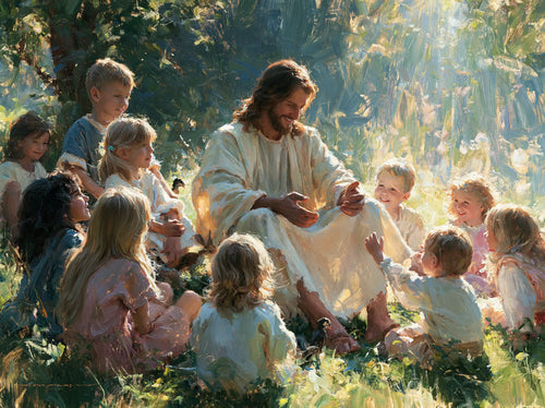 Jesus with children in an impressionist atmosphere in Impressionist style, landscape Christian artwork no. 3