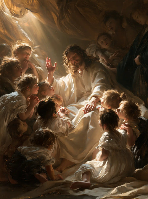 Jesus welcoming children in a theatrical Baroque scene in Theatrical Baroque style, portrait Christian artwork no. 7