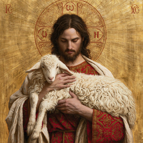 Jesus and the lamb in a contemporary Byzantine icon in Contemporary Byzantine style, square Christian artwork no. 4