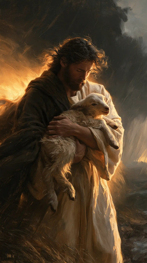 Jesus protecting a lamb in Jesus Protecting the Lamb style, portrait Christian artwork no. 5