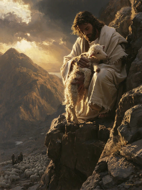 Jesus saving a lamb from danger in Jesus Saving the Lamb style, portrait Christian artwork no. 7
