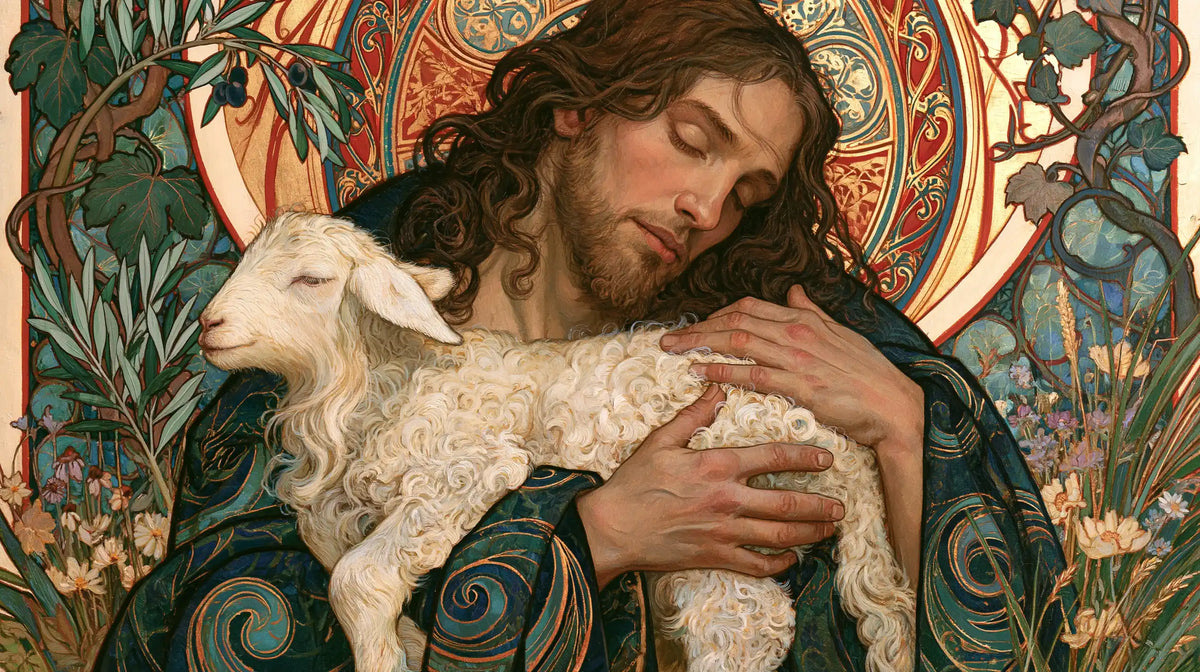 Jesus and the Lamb — The Embrace in Peacock Spirals