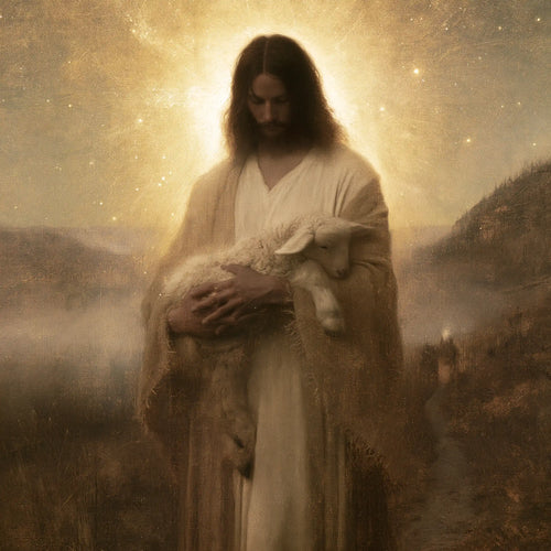 Jesus and the lamb in a symbolist composition in Symbolist style, square Christian artwork no. 1