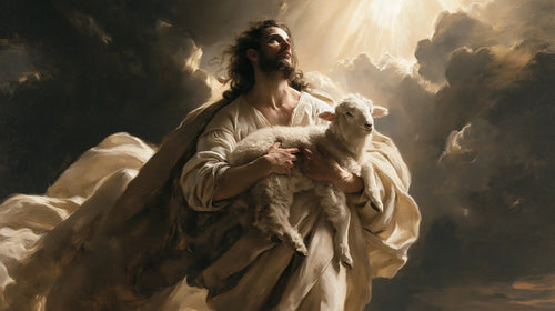 Jesus protecting a lamb in a theatrical Baroque scene in Theatrical Baroque style, landscape Christian artwork no. 5