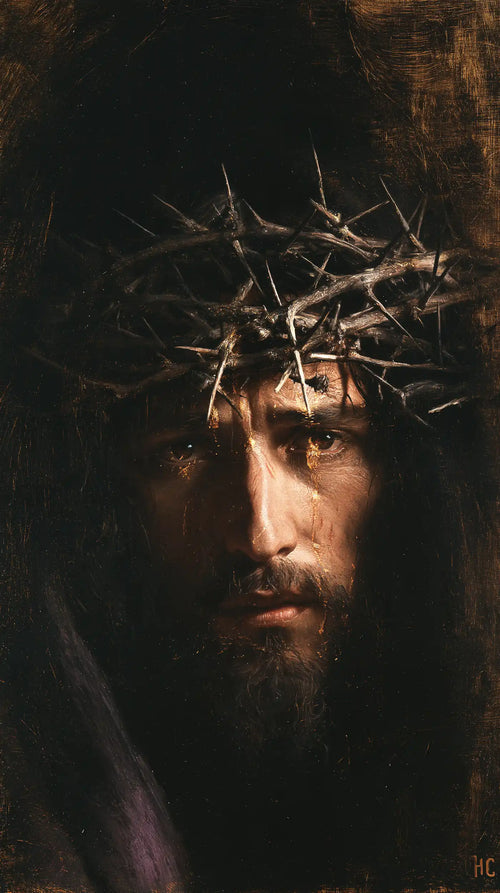 Jesus crowned with thorns in black and gold in Black and Gold style, portrait Christian artwork no. 2