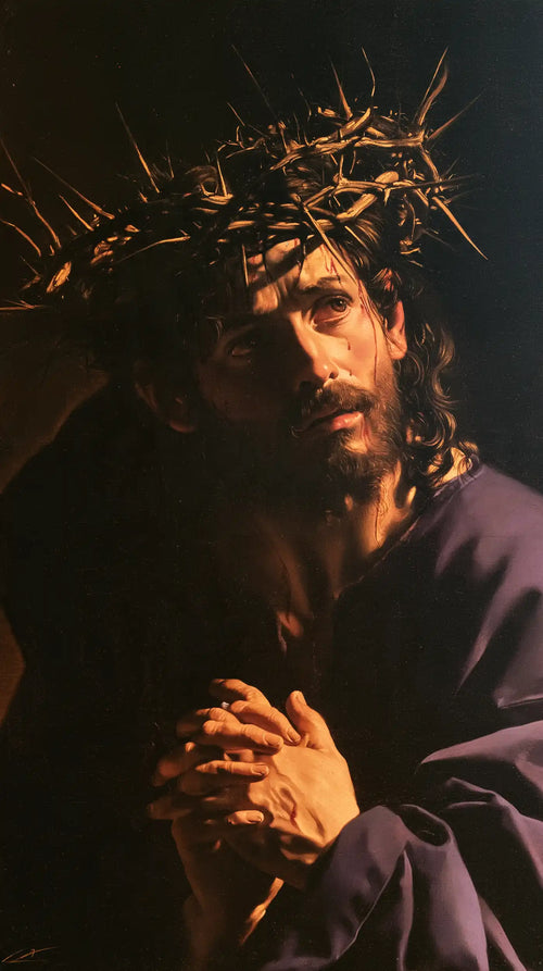Jesus crowned with thorns in dramatic chiaroscuro in Caravaggio Tenebrism style, portrait Christian artwork no. 5
