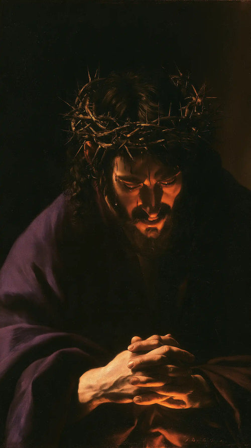 Jesus crowned with thorns in dramatic chiaroscuro in Caravaggio Tenebrism style, portrait Christian artwork no. 7