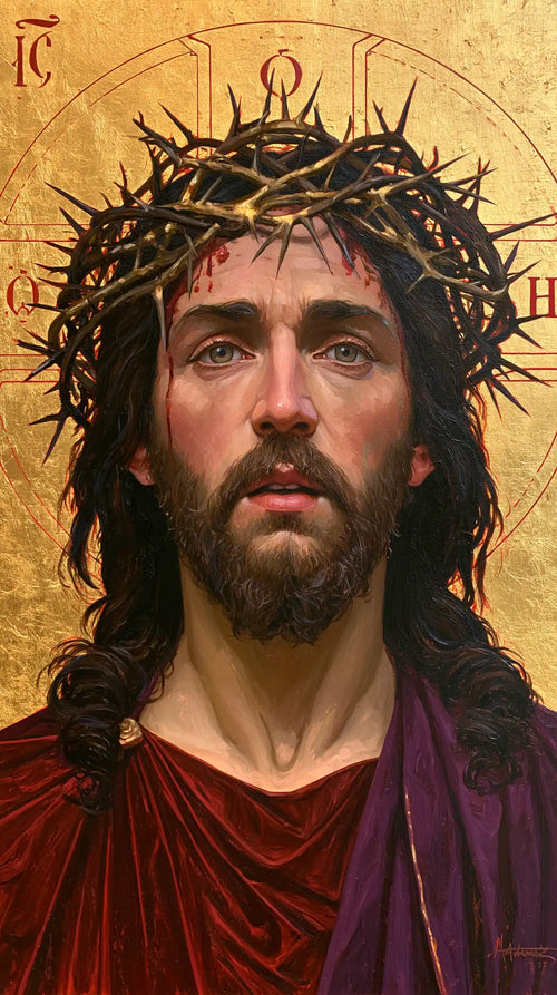 Jesus crowned with thorns in a contemporary Byzantine icon in Contemporary Byzantine style, portrait Christian artwork no. 6