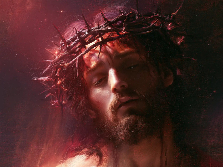 Jesus Crowned with Thorns — Closed Eyes in Carmine Mist