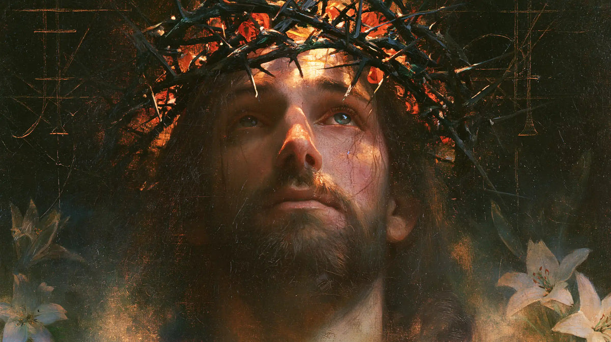 Jesus Crowned with Thorns — Uplifted Eyes beneath Red Petals